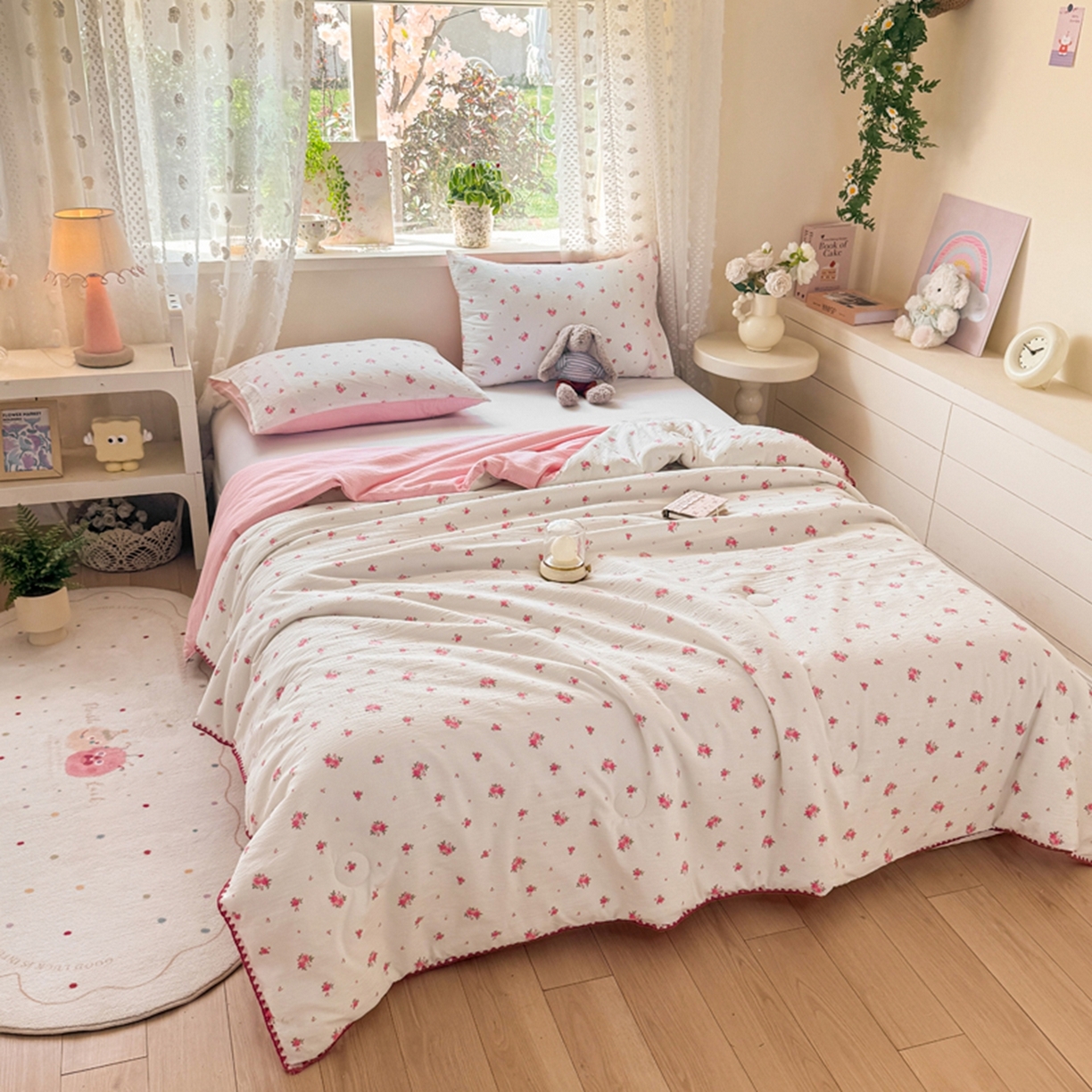 91家纺网 家纺一手货源 找家纺 （总）雅蔓依家纺 2026春夏新款三角针贝壳边木棉云感双层纱棉花夏被夏凉被空调被