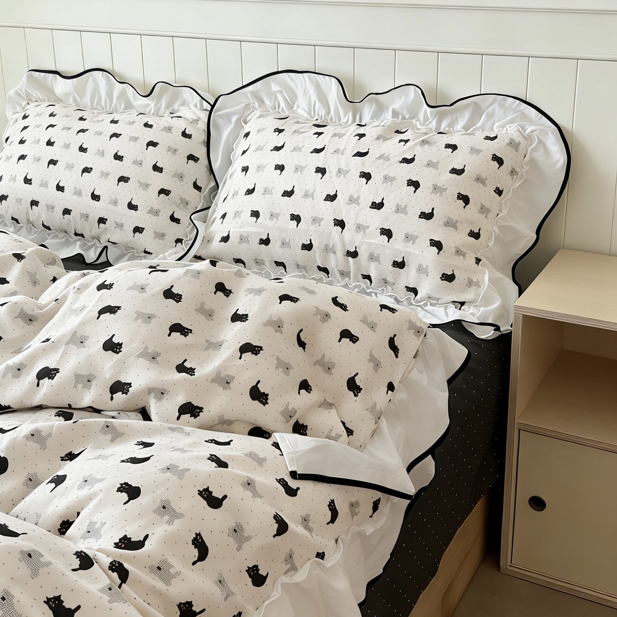 91家纺网 家纺一手货源 找家纺 荣轩家居 2026春夏新款韩式重工泡芙花边工艺款全棉纯棉双层纱四件套（铺床版）奥利奥