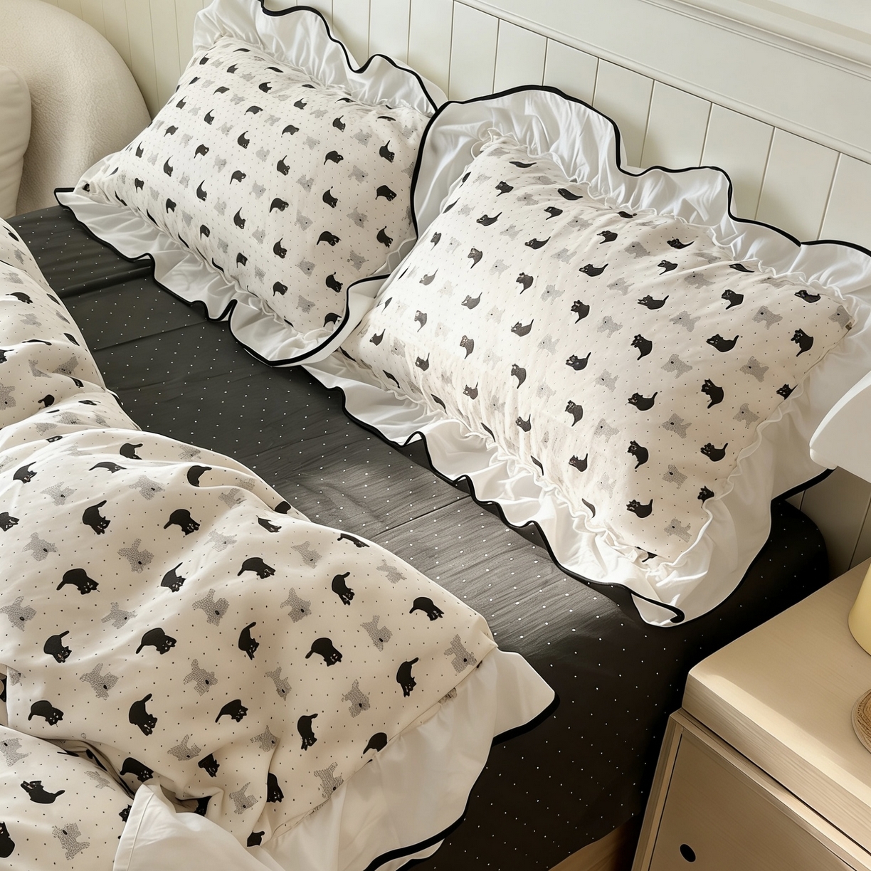 91家纺网 家纺一手货源 找家纺 荣轩家居 2026春夏新款韩式重工泡芙花边工艺款全棉纯棉双层纱四件套（铺床版）奥利奥