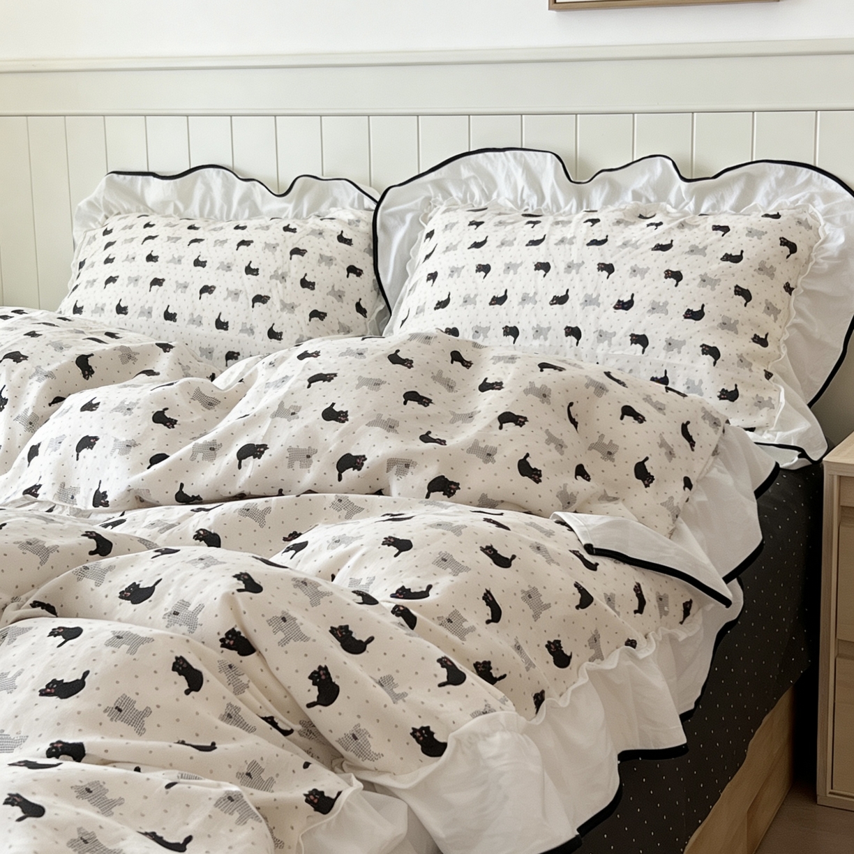 荣轩家居 2026春夏新款韩式重工泡芙花边工艺款全棉纯棉双层纱四件套（铺床版）奥利奥