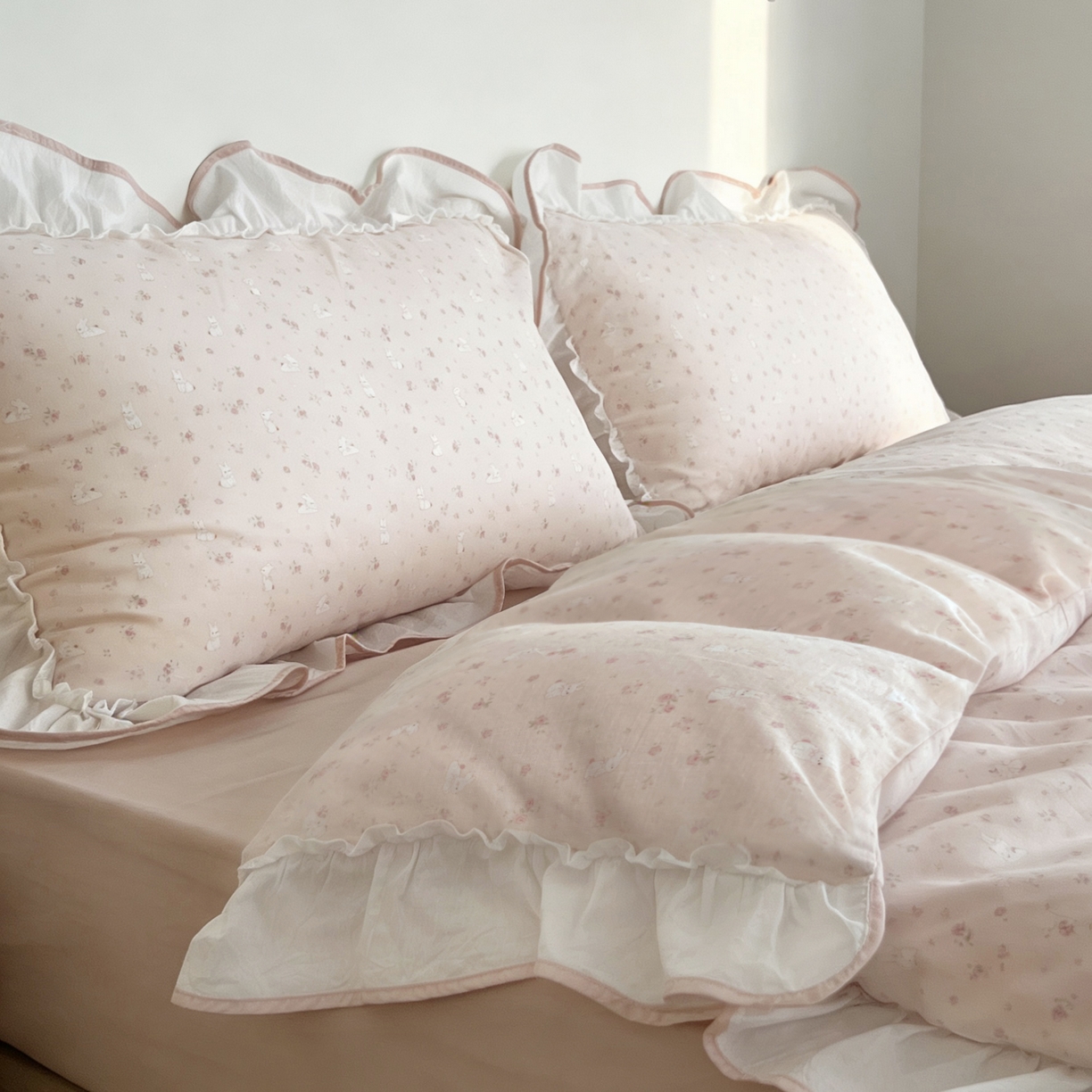 91家纺网 家纺一手货源 找家纺 荣轩家居 2026春夏新款韩式重工泡芙花边工艺款全棉纯棉双层纱四件套（铺床版）絮语