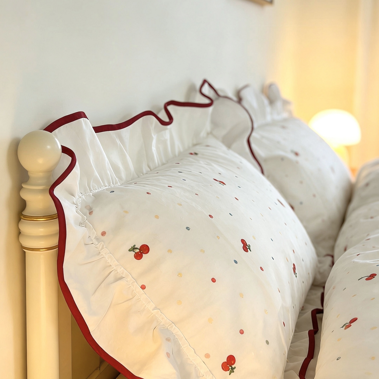 91家纺网 家纺一手货源 找家纺 荣轩家居 2026春夏新款韩式重工泡芙花边工艺款全棉纯棉双层纱四件套（铺床版）樱桃啵啵派