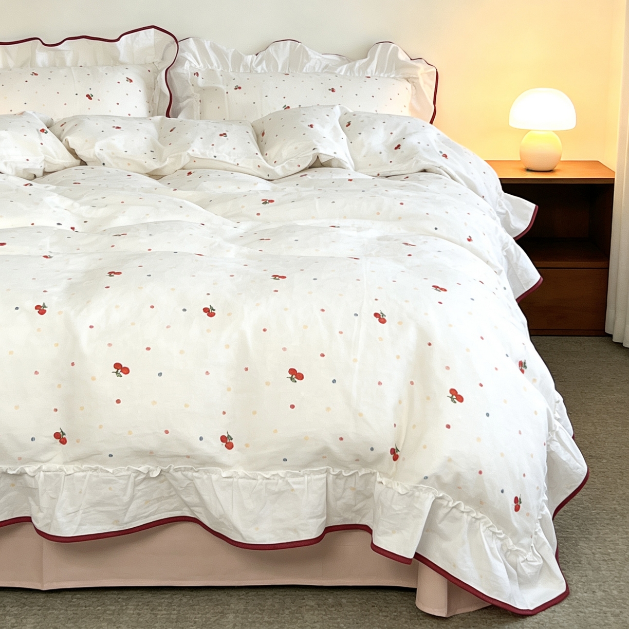 91家纺网 家纺一手货源 找家纺 荣轩家居 2026春夏新款韩式重工泡芙花边工艺款全棉纯棉双层纱四件套（铺床版）樱桃啵啵派