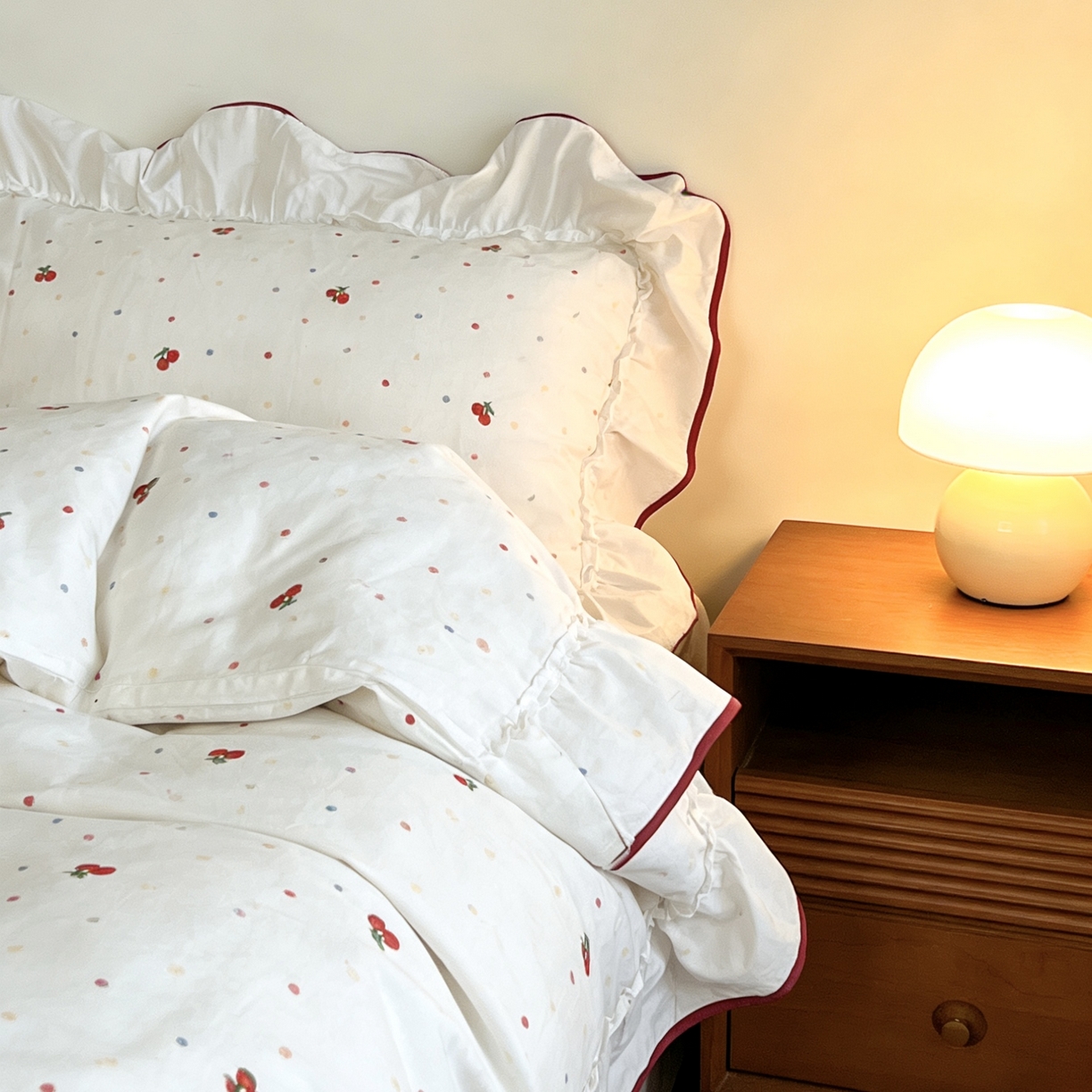 91家纺网 家纺一手货源 找家纺 荣轩家居 2026春夏新款韩式重工泡芙花边工艺款全棉纯棉双层纱四件套（铺床版）樱桃啵啵派