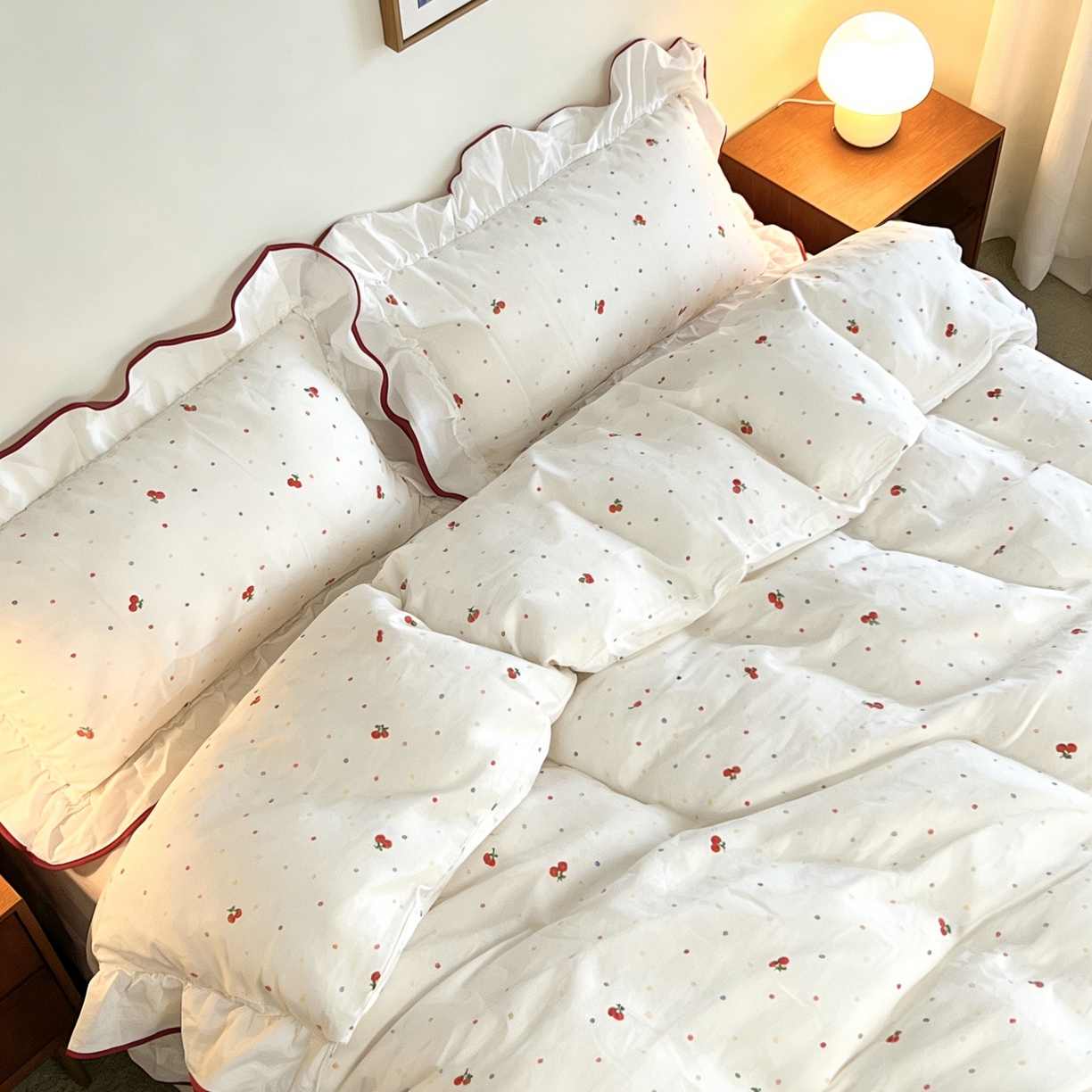 91家纺网 家纺一手货源 找家纺 荣轩家居 2026春夏新款韩式重工泡芙花边工艺款全棉纯棉双层纱四件套（铺床版）樱桃啵啵派