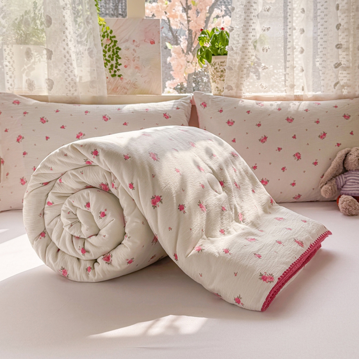 91家纺网 家纺一手货源 找家纺 雅蔓依家纺 2026春夏新款三角针贝壳边木棉云感双层纱棉花夏被夏凉被空调被 春日梦语