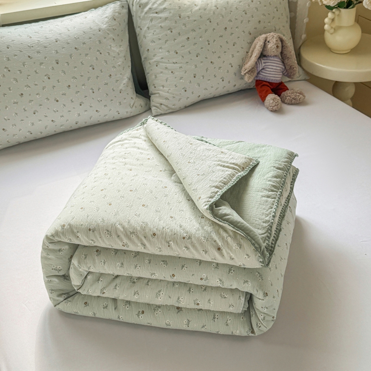雅蔓依家纺 2026春夏新款三角针贝壳边木棉云感双层纱棉花夏被夏凉被空调被 春漾