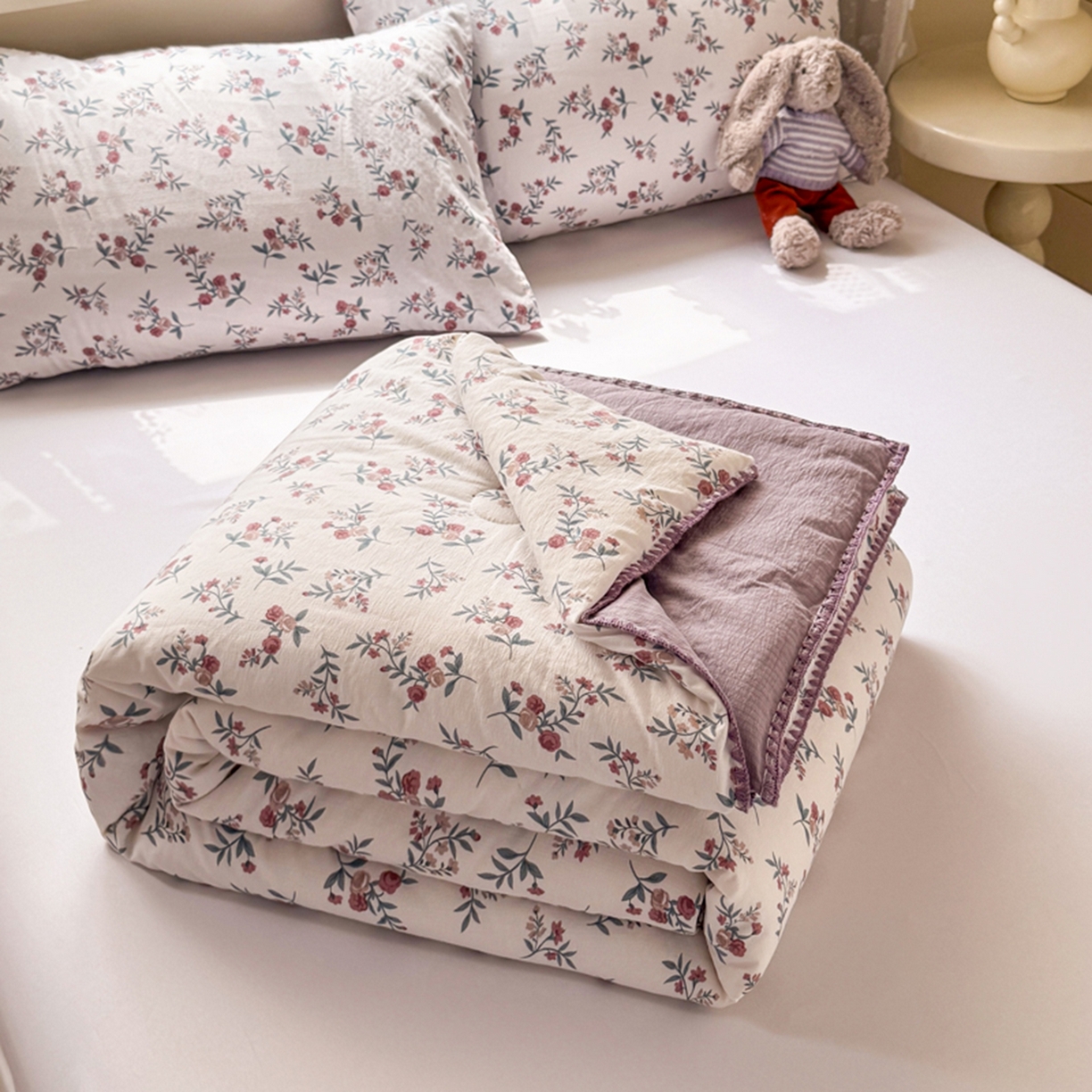 雅蔓依家纺 2026春夏新款三角针贝壳边木棉云感双层纱棉花夏被夏凉被空调被 繁花