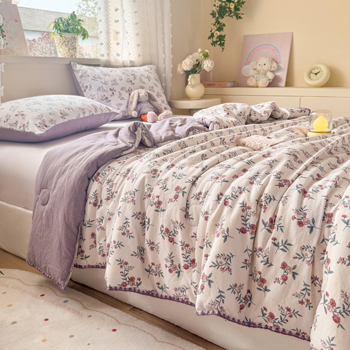 91家纺网 家纺一手货源 找家纺 雅蔓依家纺 2026春夏新款三角针贝壳边木棉云感双层纱棉花夏被夏凉被空调被 繁花