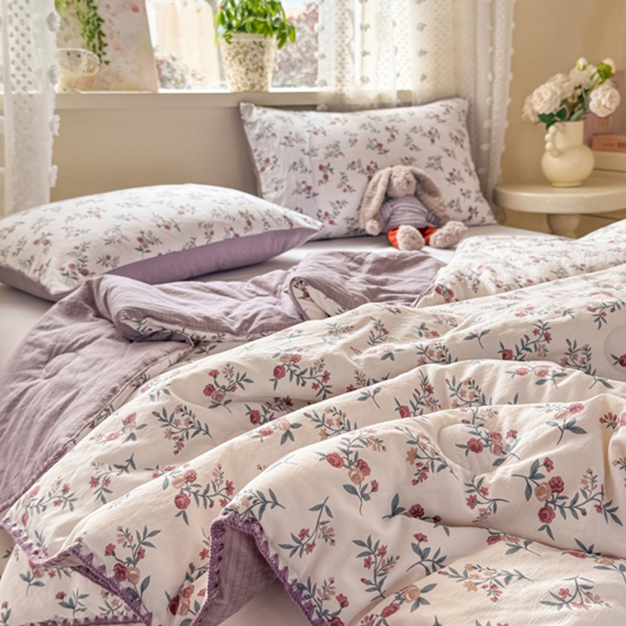 91家纺网 家纺一手货源 找家纺 雅蔓依家纺 2026春夏新款三角针贝壳边木棉云感双层纱棉花夏被夏凉被空调被 繁花