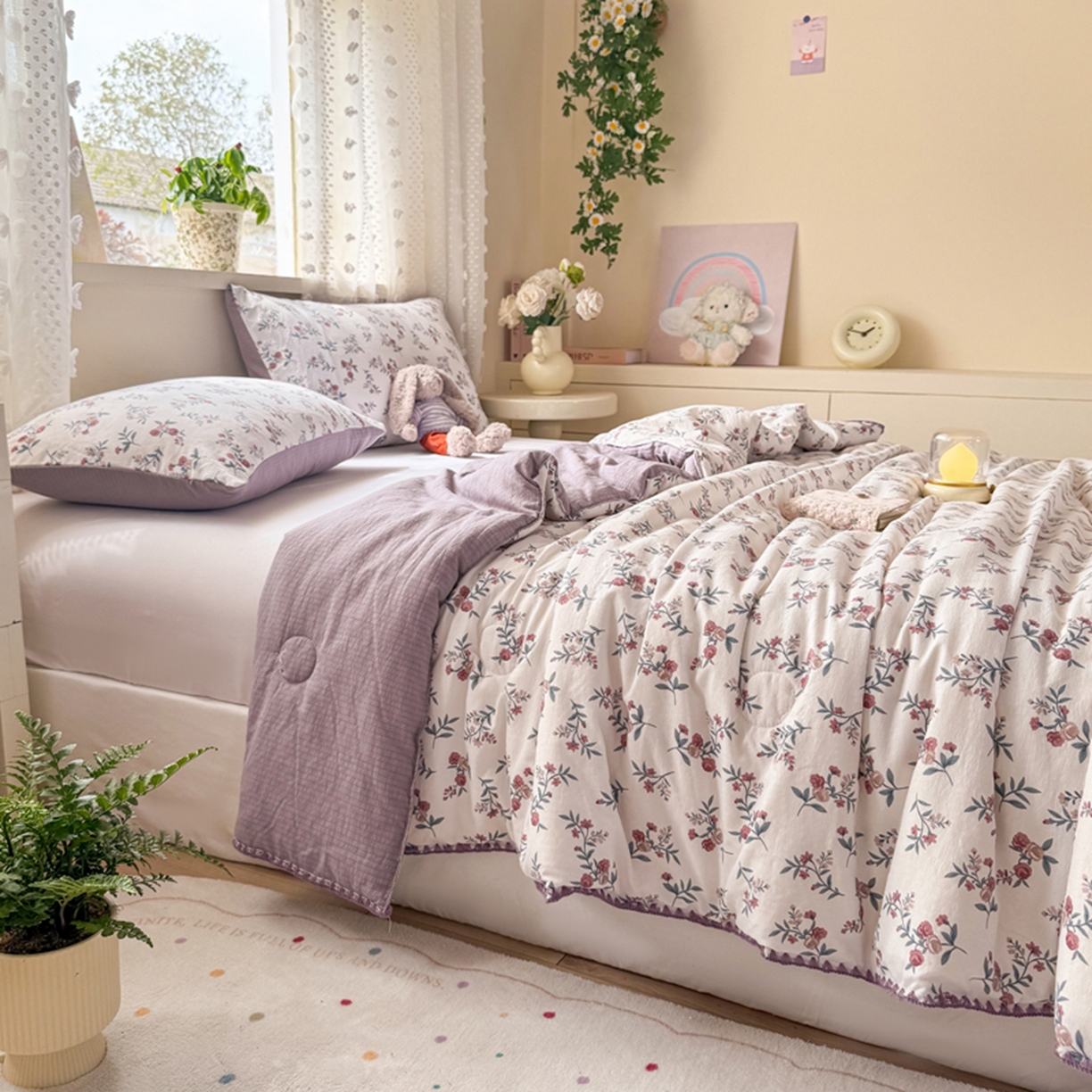 91家纺网 家纺一手货源 找家纺 雅蔓依家纺 2026春夏新款三角针贝壳边木棉云感双层纱棉花夏被夏凉被空调被 繁花