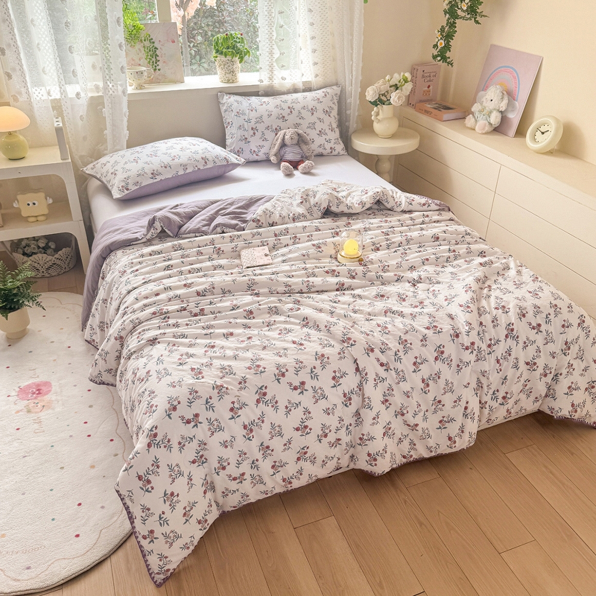 91家纺网 家纺一手货源 找家纺 雅蔓依家纺 2026春夏新款三角针贝壳边木棉云感双层纱棉花夏被夏凉被空调被 繁花