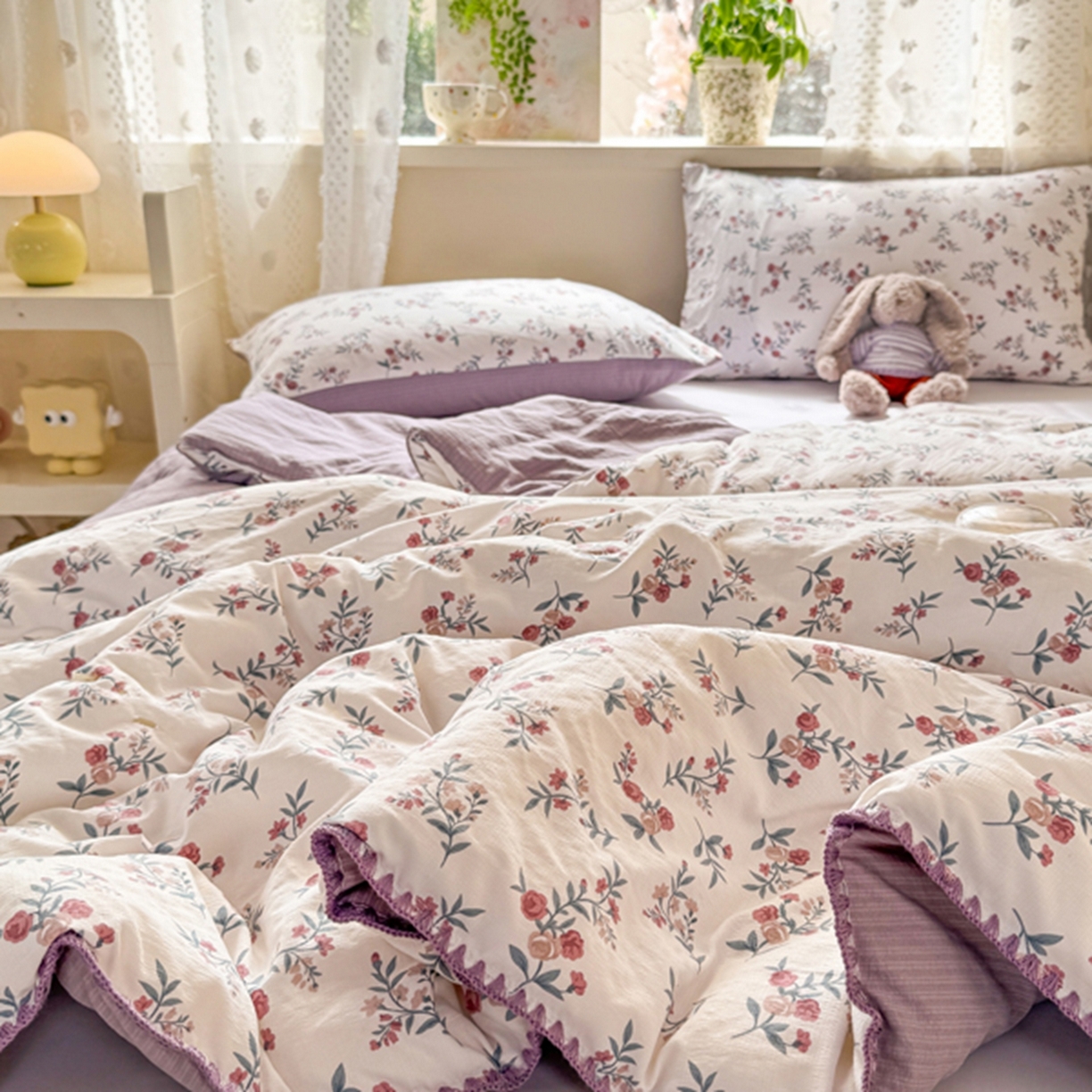 91家纺网 家纺一手货源 找家纺 雅蔓依家纺 2026春夏新款三角针贝壳边木棉云感双层纱棉花夏被夏凉被空调被 繁花