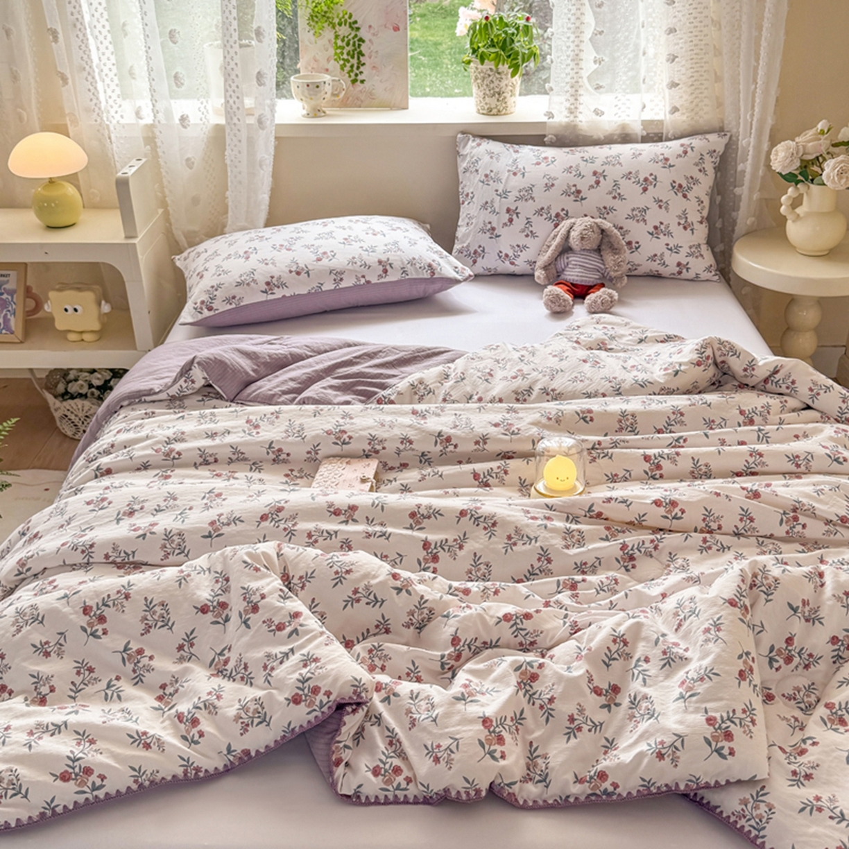 91家纺网 家纺一手货源 找家纺 雅蔓依家纺 2026春夏新款三角针贝壳边木棉云感双层纱棉花夏被夏凉被空调被 繁花