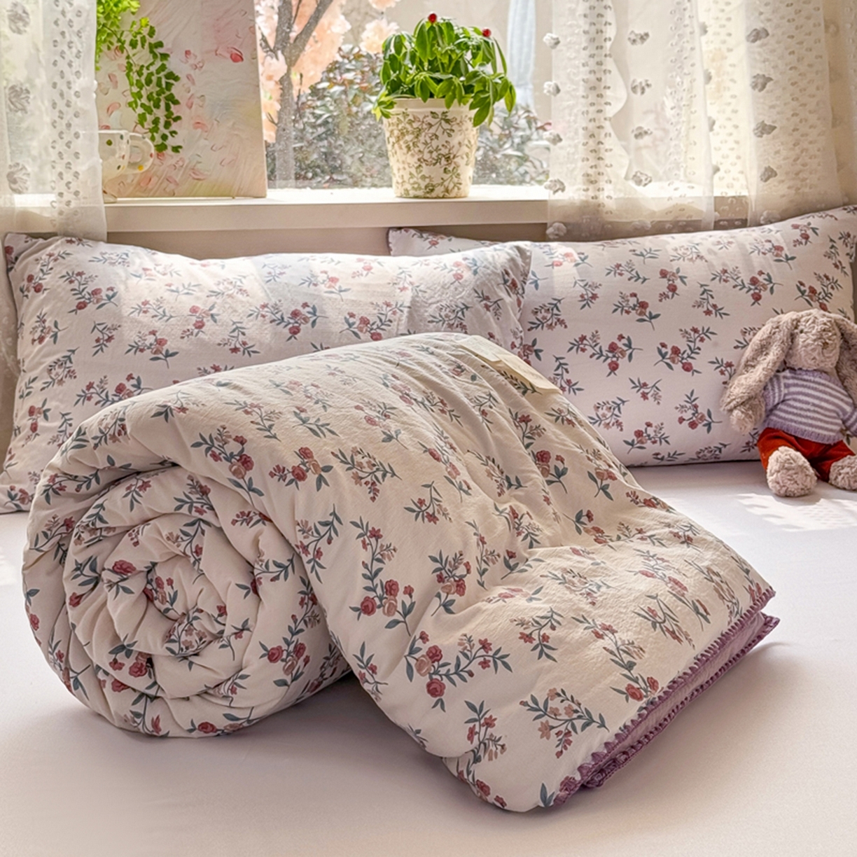 91家纺网 家纺一手货源 找家纺 雅蔓依家纺 2026春夏新款三角针贝壳边木棉云感双层纱棉花夏被夏凉被空调被 繁花