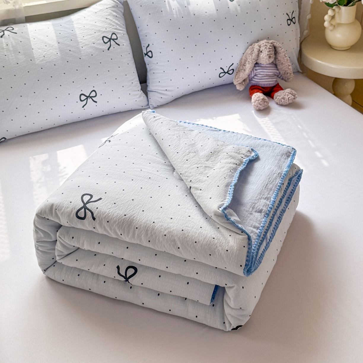 雅蔓依家纺 2026春夏新款三角针贝壳边木棉云感双层纱棉花夏被夏凉被空调被 海盐蝴蝶结