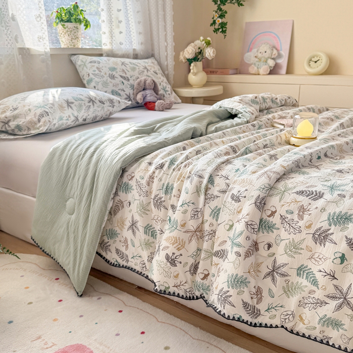 91家纺网 家纺一手货源 找家纺 雅蔓依家纺 2026春夏新款三角针贝壳边木棉云感双层纱棉花夏被夏凉被空调被 假日森林