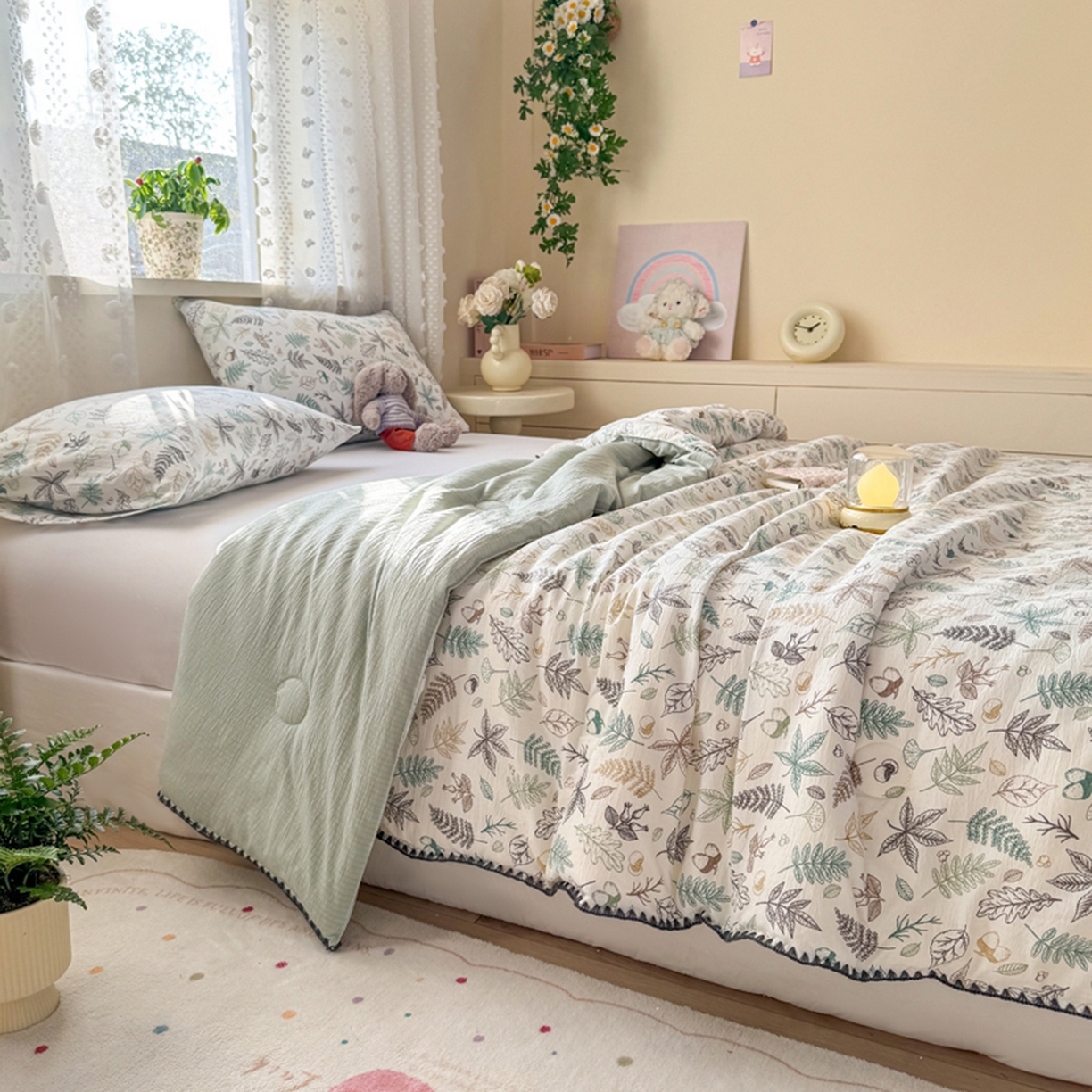 91家纺网 家纺一手货源 找家纺 雅蔓依家纺 2026春夏新款三角针贝壳边木棉云感双层纱棉花夏被夏凉被空调被 假日森林