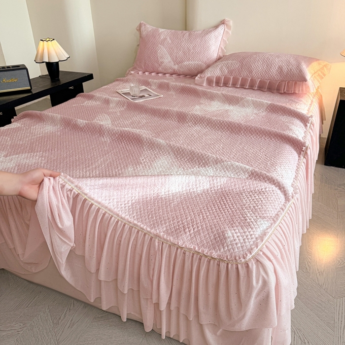 诺梵家纺 2026新款冰豆豆PE高分子凉感双层床裙款凉席 蝶影-粉