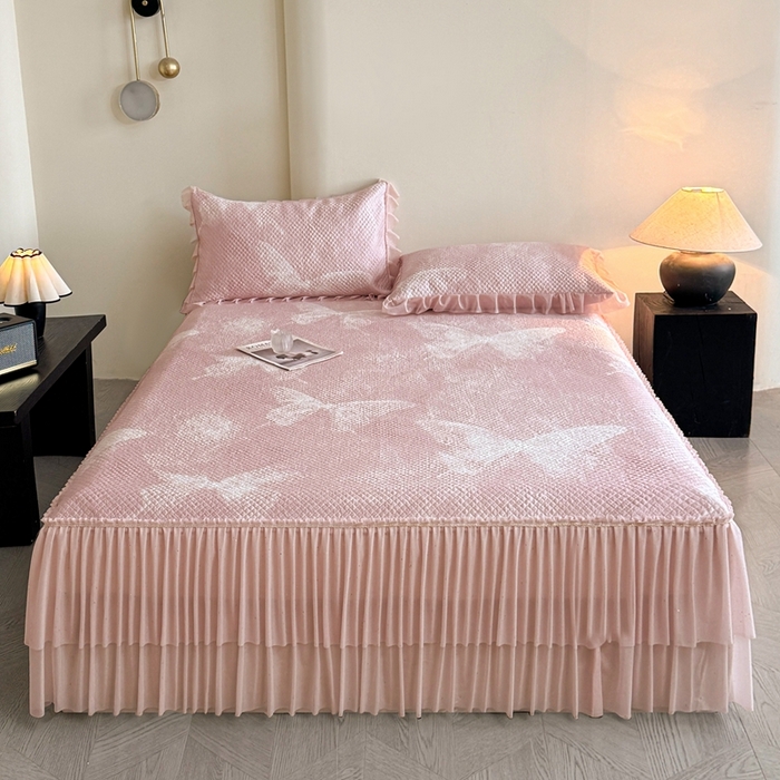 91家纺网 家纺一手货源 找家纺 诺梵家纺 2026新款冰豆豆PE高分子凉感双层床裙款凉席 蝶影-粉