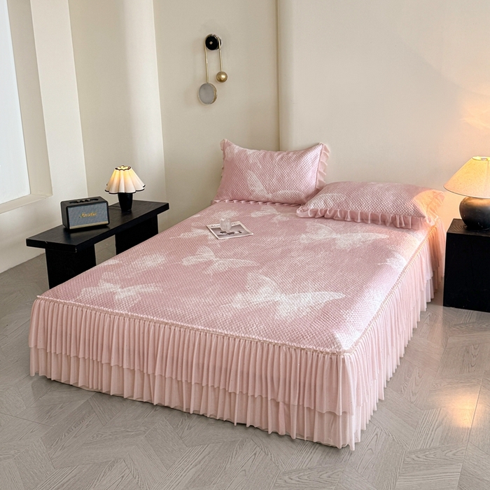 91家纺网 家纺一手货源 找家纺 诺梵家纺 2026新款冰豆豆PE高分子凉感双层床裙款凉席 蝶影-粉