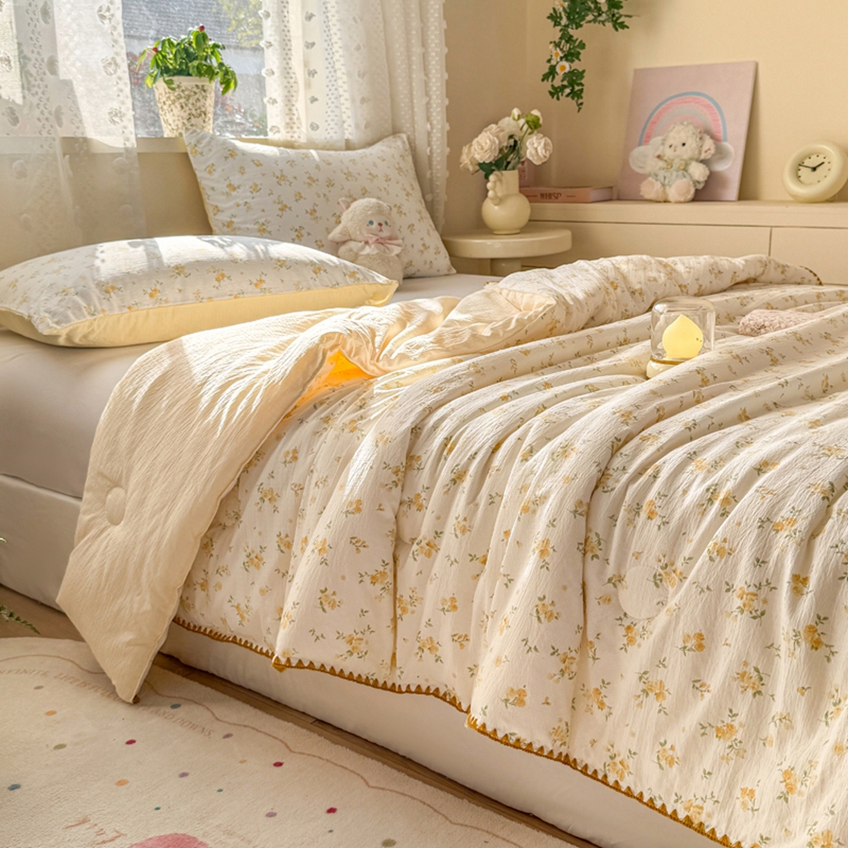 91家纺网 家纺一手货源 找家纺 雅蔓依家纺 2026春夏新款三角针贝壳边木棉云感双层纱棉花夏被夏凉被空调被 梨花落