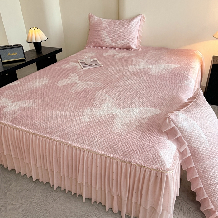 91家纺网 家纺一手货源 找家纺 诺梵家纺 2026新款冰豆豆PE高分子凉感双层床裙款凉席 蝶影-粉