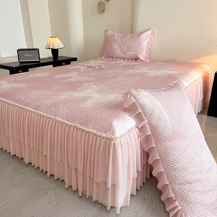 91家纺网 家纺一手货源 找家纺 诺梵家纺 2026新款冰豆豆PE高分子凉感双层床裙款凉席 蝶影-粉