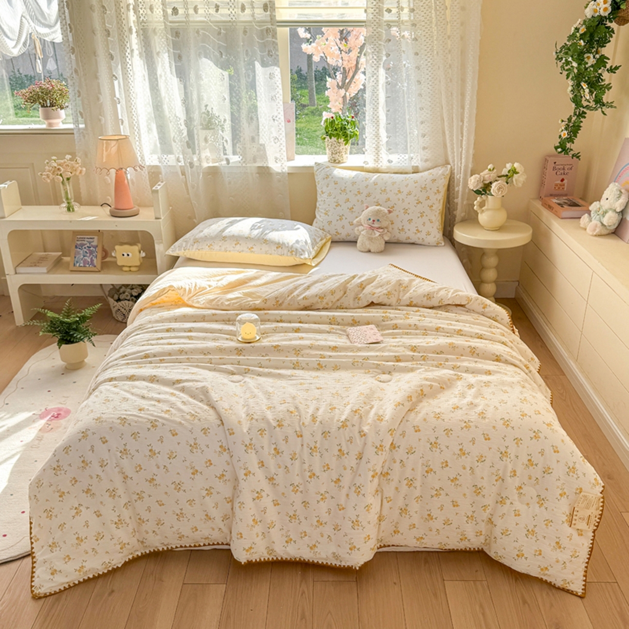 91家纺网 家纺一手货源 找家纺 雅蔓依家纺 2026春夏新款三角针贝壳边木棉云感双层纱棉花夏被夏凉被空调被 梨花落