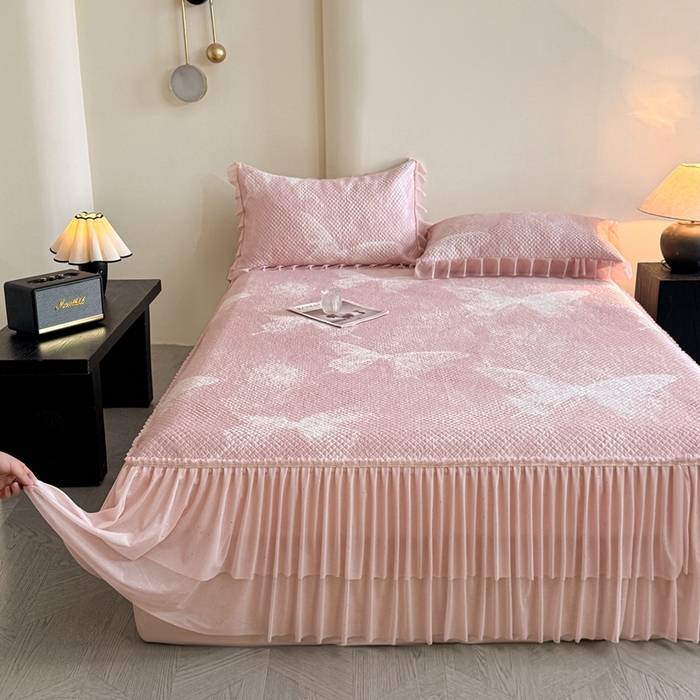 91家纺网 家纺一手货源 找家纺 诺梵家纺 2026新款冰豆豆PE高分子凉感双层床裙款凉席 蝶影-粉