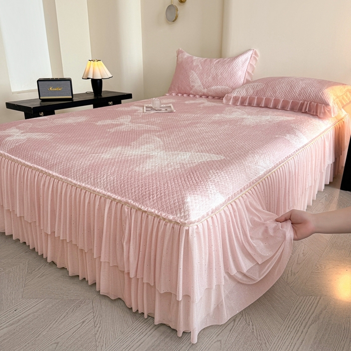 91家纺网 家纺一手货源 找家纺 诺梵家纺 2026新款冰豆豆PE高分子凉感双层床裙款凉席 蝶影-粉