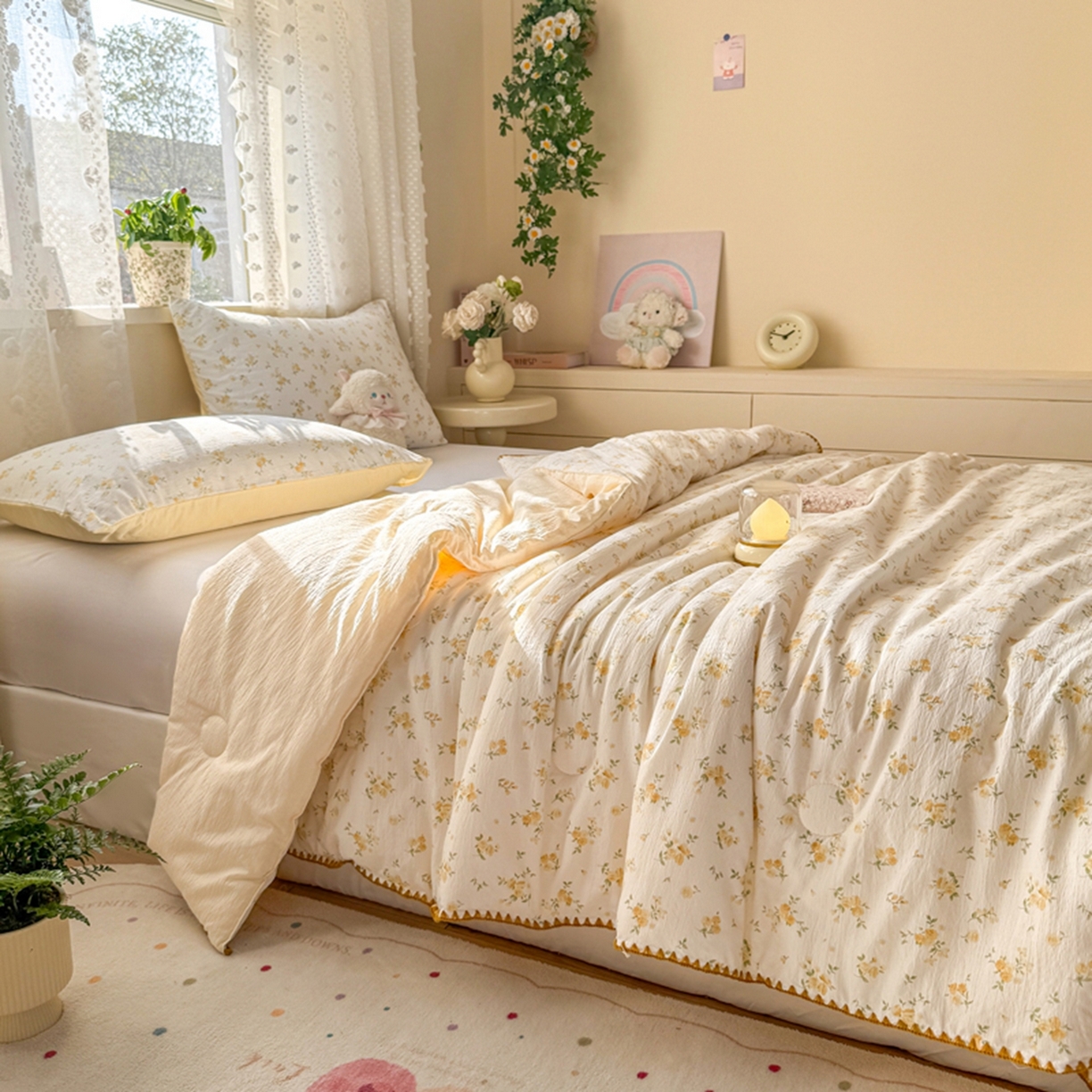 91家纺网 家纺一手货源 找家纺 雅蔓依家纺 2026春夏新款三角针贝壳边木棉云感双层纱棉花夏被夏凉被空调被 梨花落