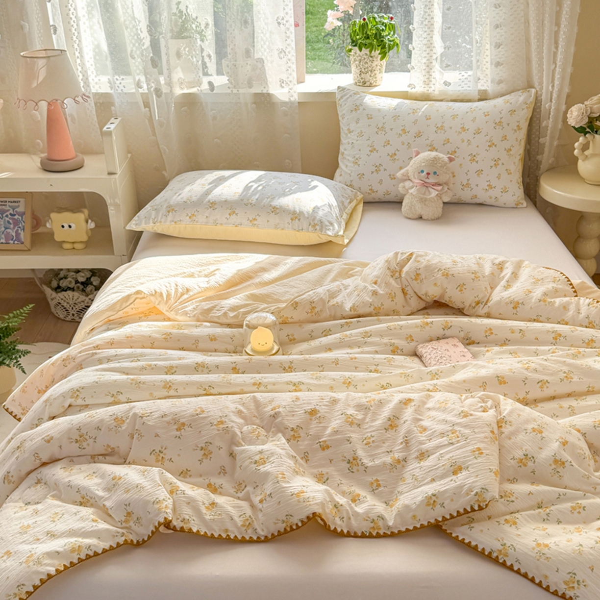 91家纺网 家纺一手货源 找家纺 雅蔓依家纺 2026春夏新款三角针贝壳边木棉云感双层纱棉花夏被夏凉被空调被 梨花落