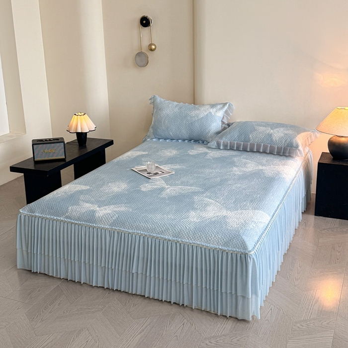 91家纺网 家纺一手货源 找家纺 诺梵家纺 2026新款冰豆豆PE高分子凉感双层床裙款凉席 蝶影-蓝