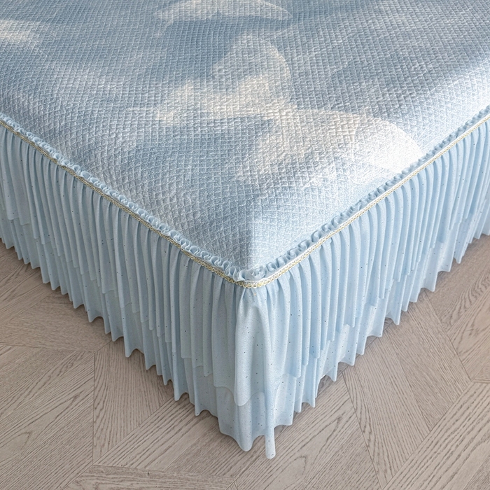 91家纺网 家纺一手货源 找家纺 诺梵家纺 2026新款冰豆豆PE高分子凉感双层床裙款凉席 蝶影-蓝