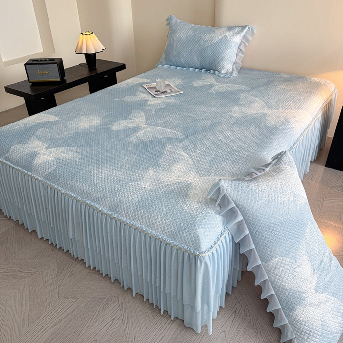 91家纺网 家纺一手货源 找家纺 诺梵家纺 2026新款冰豆豆PE高分子凉感双层床裙款凉席 蝶影-蓝