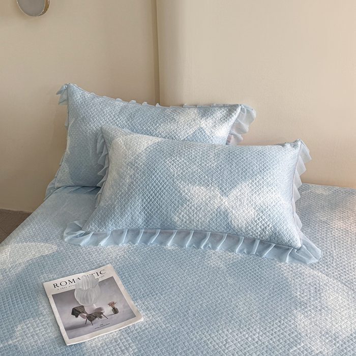 91家纺网 家纺一手货源 找家纺 诺梵家纺 2026新款冰豆豆PE高分子凉感双层床裙款凉席 蝶影-蓝