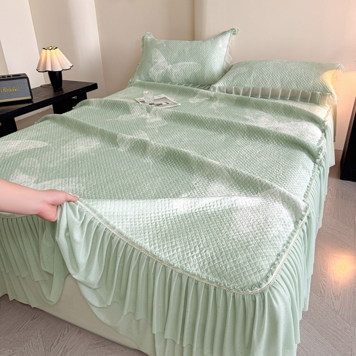 诺梵家纺 2026新款冰豆豆PE高分子凉感双层床裙款凉席 蝶影-绿