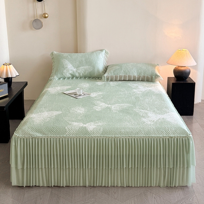 91家纺网 家纺一手货源 找家纺 诺梵家纺 2026新款冰豆豆PE高分子凉感双层床裙款凉席 蝶影-绿