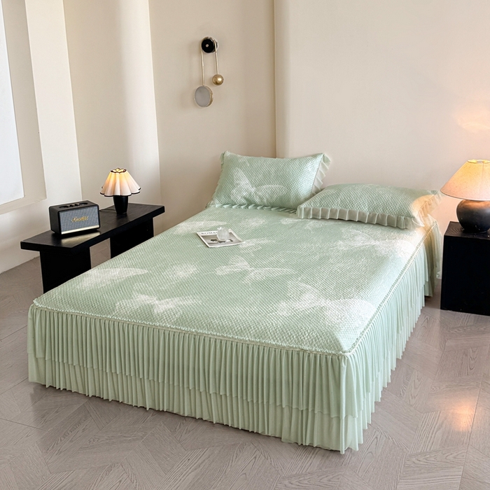 91家纺网 家纺一手货源 找家纺 诺梵家纺 2026新款冰豆豆PE高分子凉感双层床裙款凉席 蝶影-绿