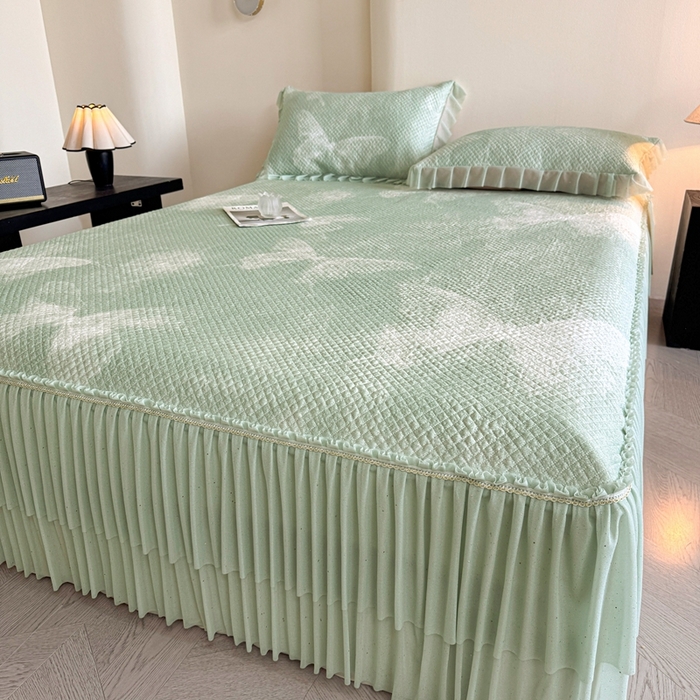 91家纺网 家纺一手货源 找家纺 诺梵家纺 2026新款冰豆豆PE高分子凉感双层床裙款凉席 蝶影-绿