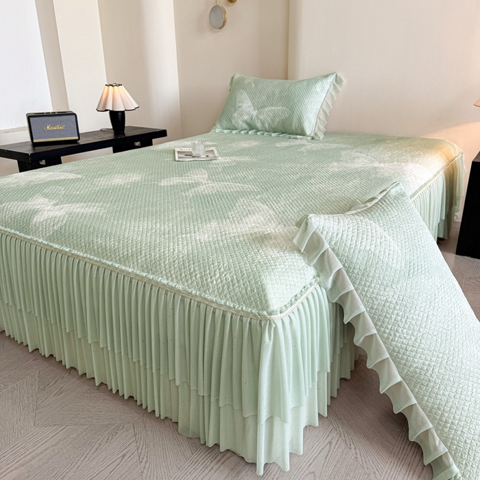 91家纺网 家纺一手货源 找家纺 诺梵家纺 2026新款冰豆豆PE高分子凉感双层床裙款凉席 蝶影-绿