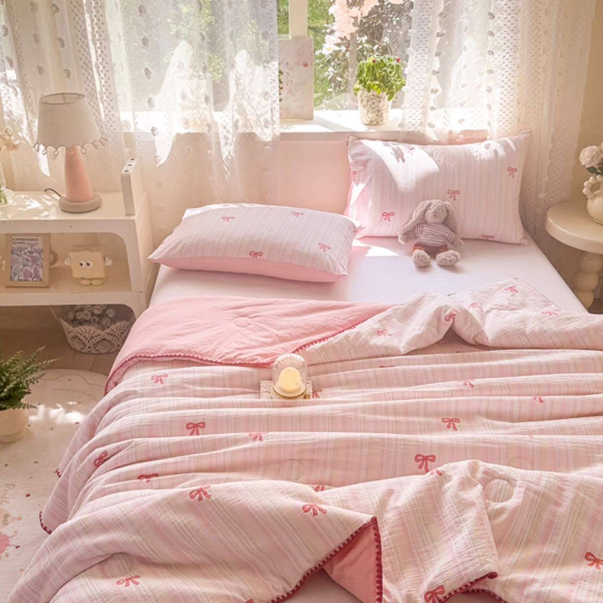 91家纺网 家纺一手货源 找家纺 雅蔓依家纺 2026春夏新款三角针贝壳边木棉云感双层纱棉花夏被夏凉被空调被 美美蝴蝶结