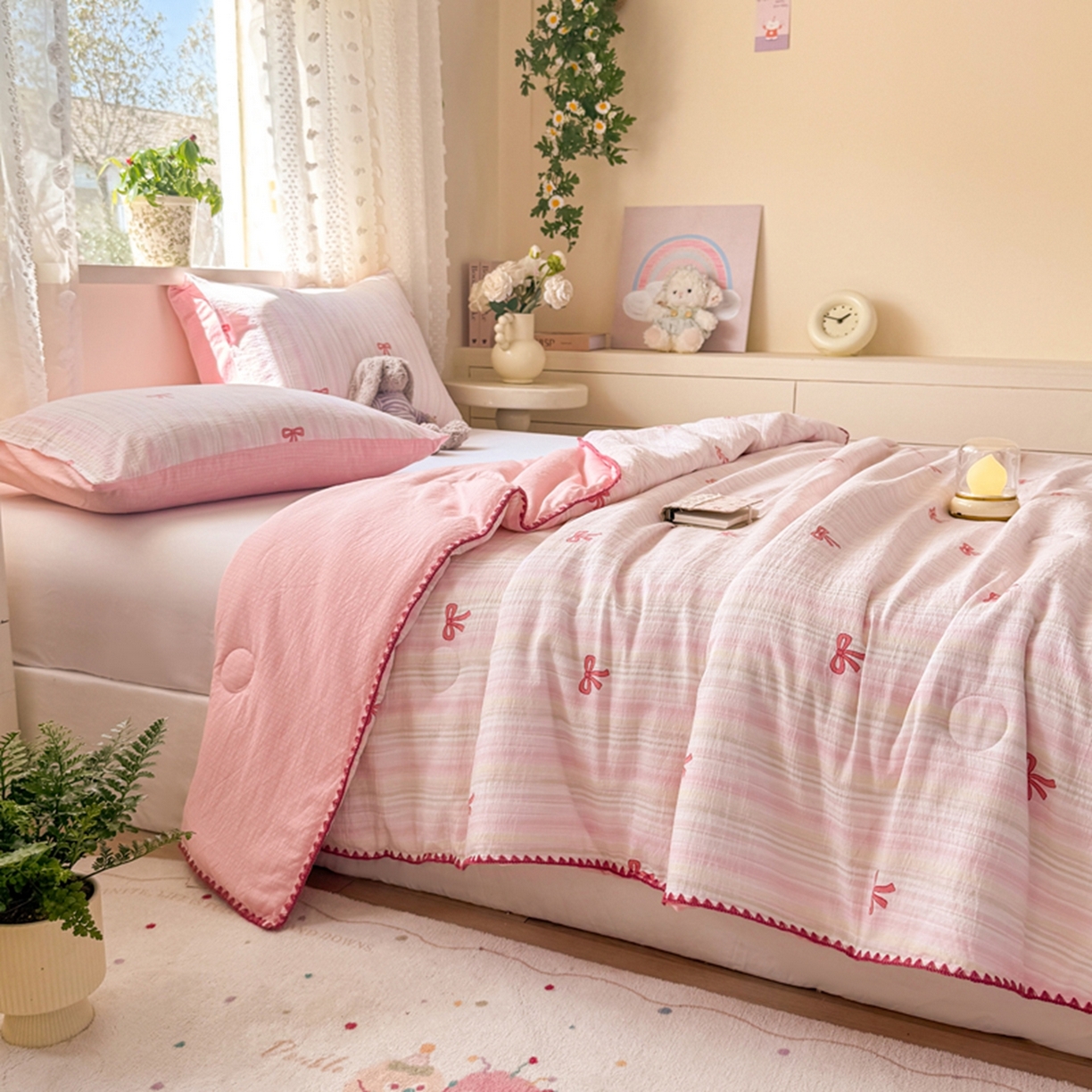 91家纺网 家纺一手货源 找家纺 雅蔓依家纺 2026春夏新款三角针贝壳边木棉云感双层纱棉花夏被夏凉被空调被 美美蝴蝶结