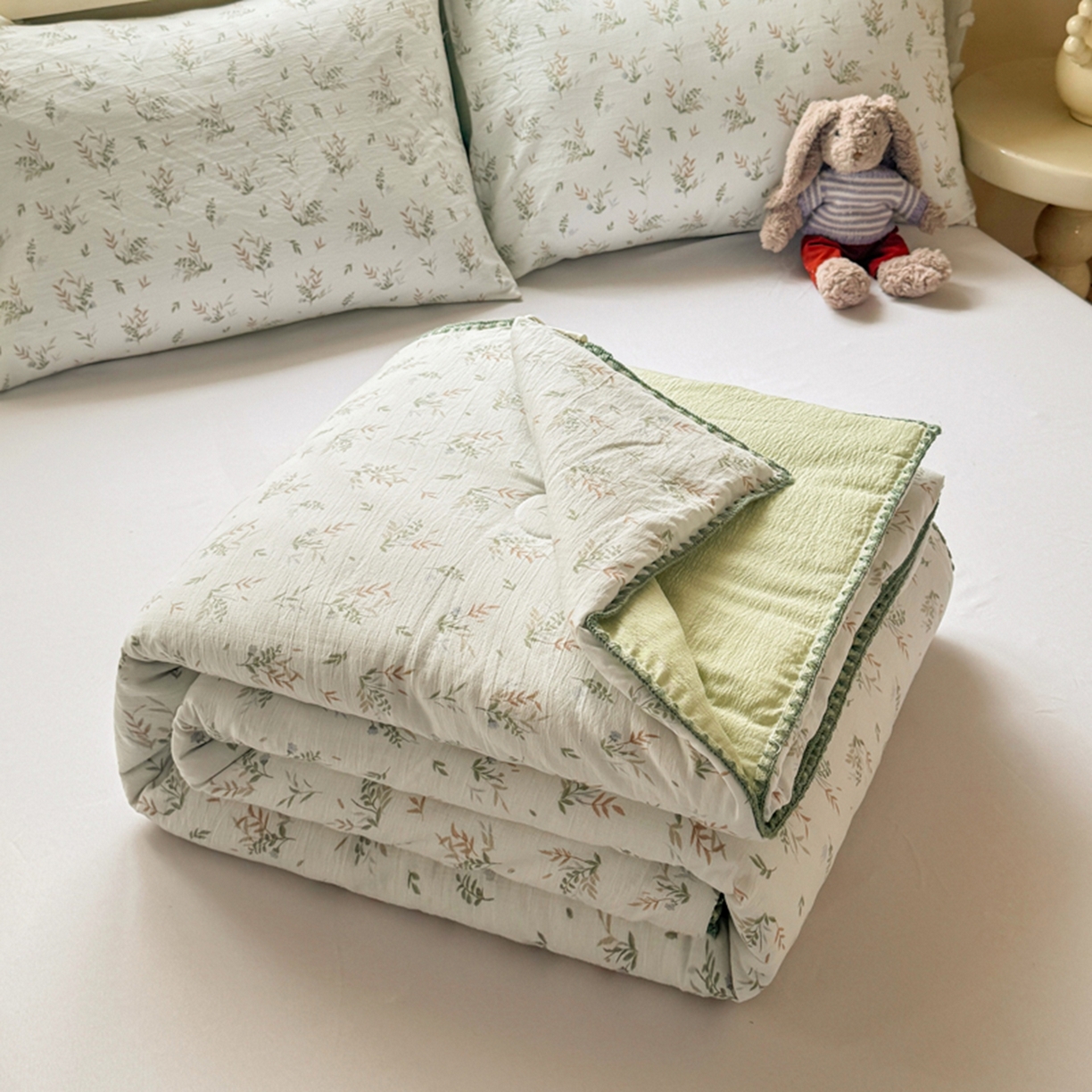 雅蔓依家纺 2026春夏新款三角针贝壳边木棉云感双层纱棉花夏被夏凉被空调被 密林