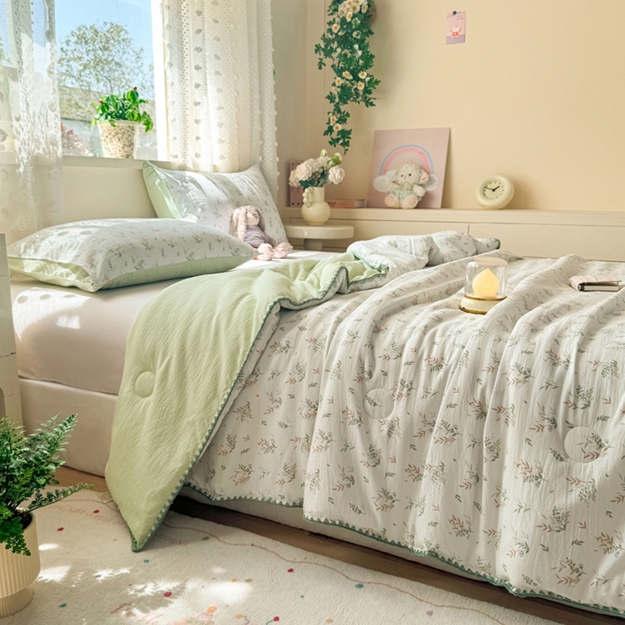 91家纺网 家纺一手货源 找家纺 雅蔓依家纺 2026春夏新款三角针贝壳边木棉云感双层纱棉花夏被夏凉被空调被 密林