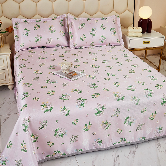 91家纺网 家纺一手货源 找家纺 星窝家纺 2026新款直播电商优选可机洗斜纹提花冰丝凉席三件套 暖心花朵