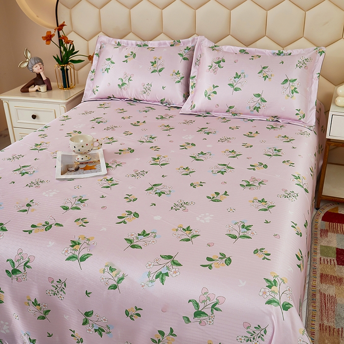 91家纺网 家纺一手货源 找家纺 星窝家纺 2026新款直播电商优选可机洗斜纹提花冰丝凉席三件套 暖心花朵