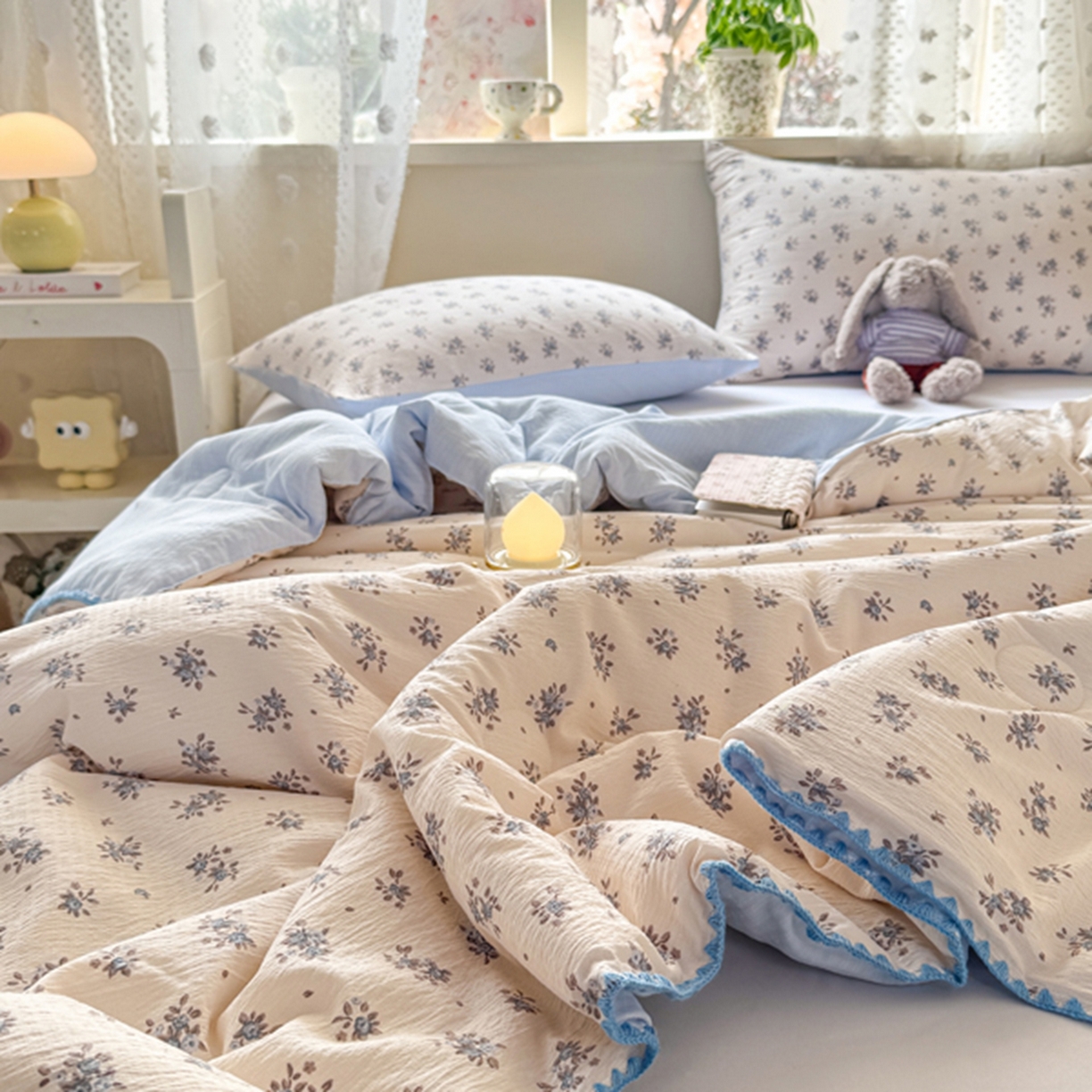 91家纺网 家纺一手货源 找家纺 雅蔓依家纺 2026春夏新款三角针贝壳边木棉云感双层纱棉花夏被夏凉被空调被 墨兰