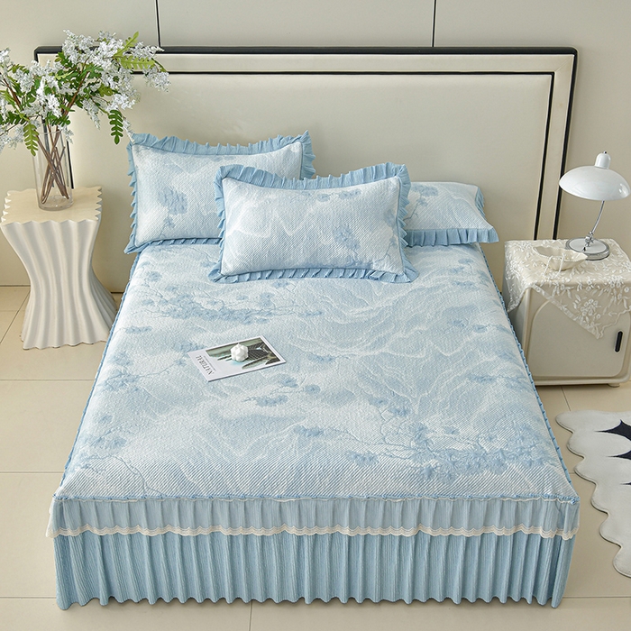 91家纺网 家纺一手货源 找家纺 （总）诺梵家纺 2026新款凉豆豆PE高分子凉感花边床裙凉席三件套